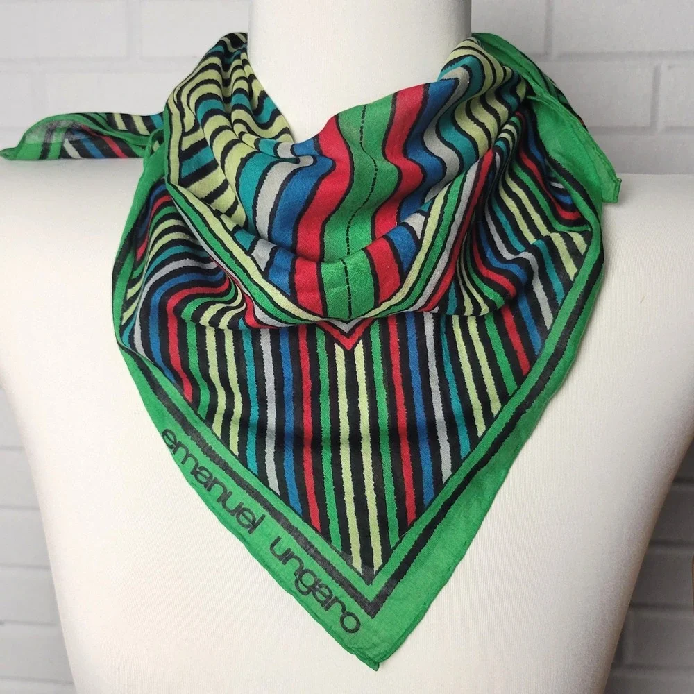 Vintage 1980s Emanuel Ungaro Square Cotton Scarf Green Geometric Mod Designer